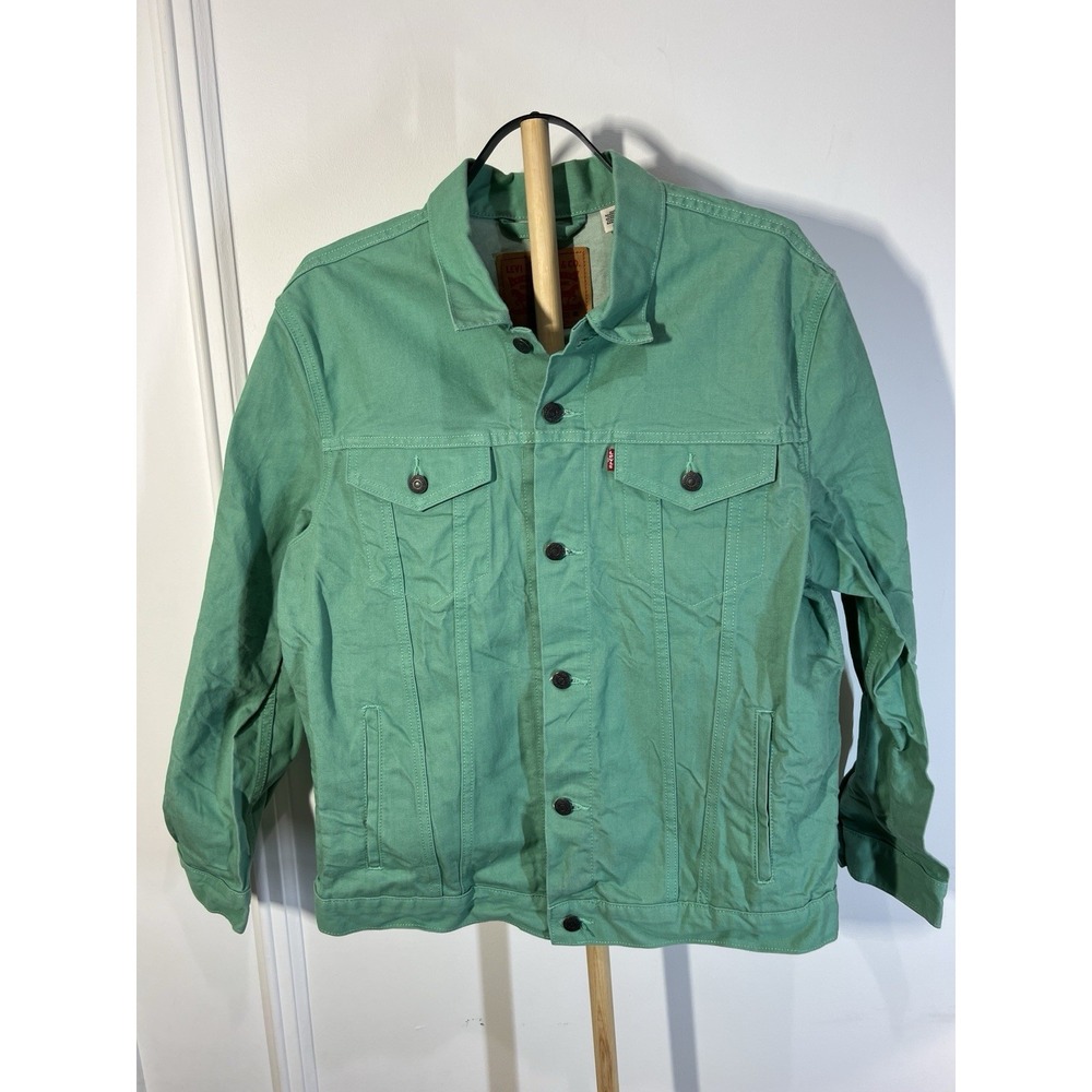 Levis Trucker Jacket Mens XL Green Mint Denim Jean Jacket Button Front Red Tab
